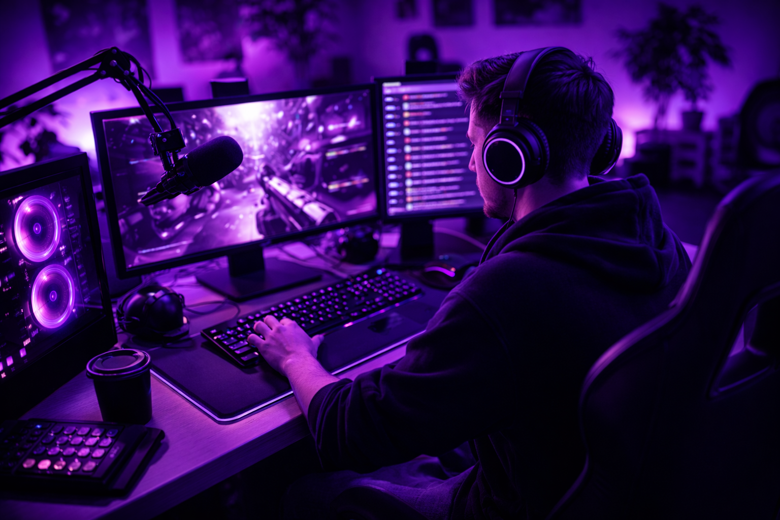 Professional streamer setup with gaming equipment, microphone, and computer monitors